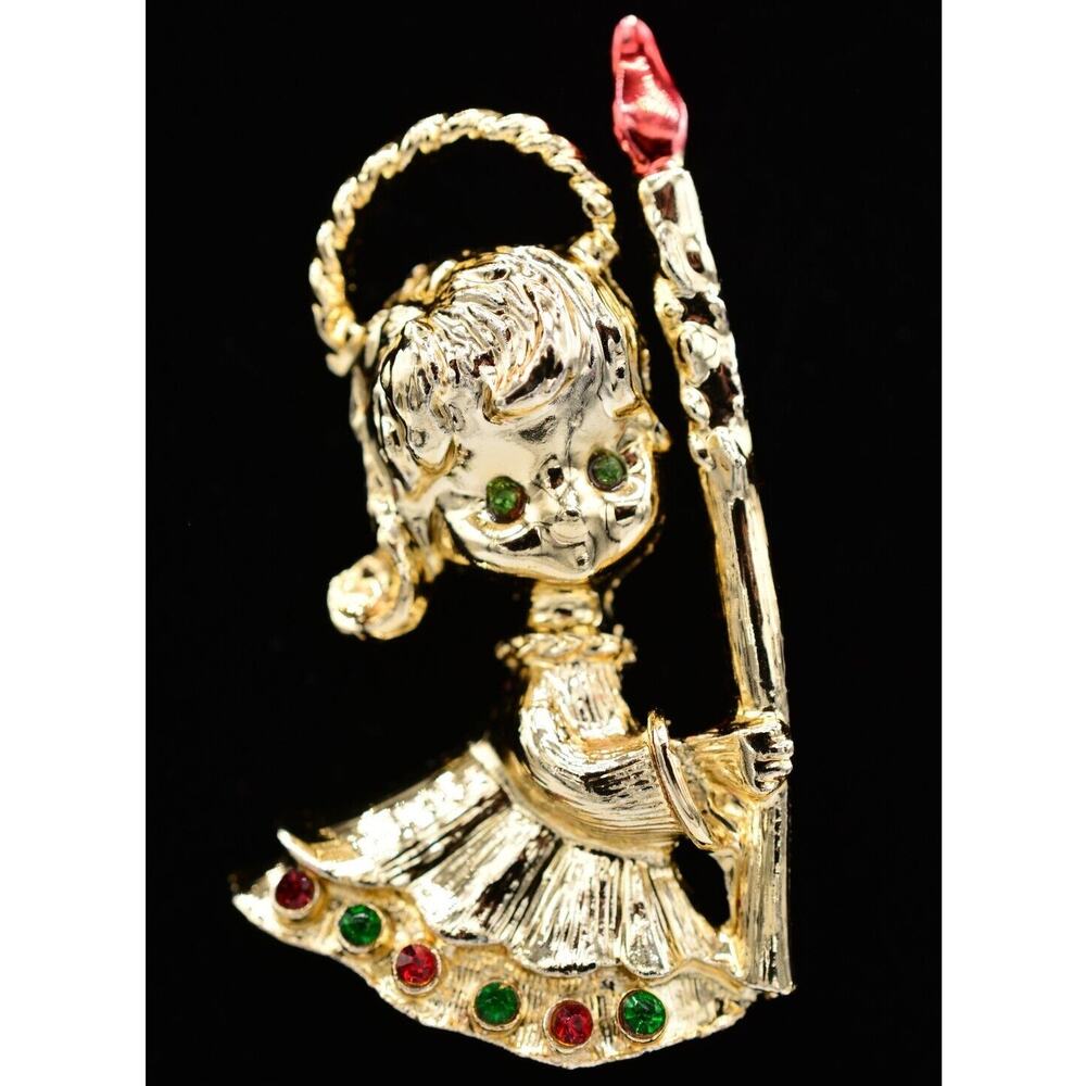 Tancer II Vintage Christmas Angel Pin Brooch Enamel Gold Holiday Signed BinAJ